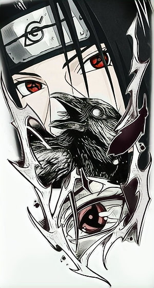 Itachi Uchiha and Crow Illustration with Sharingan Eyes and Konoha Headband HD phone wallpaper