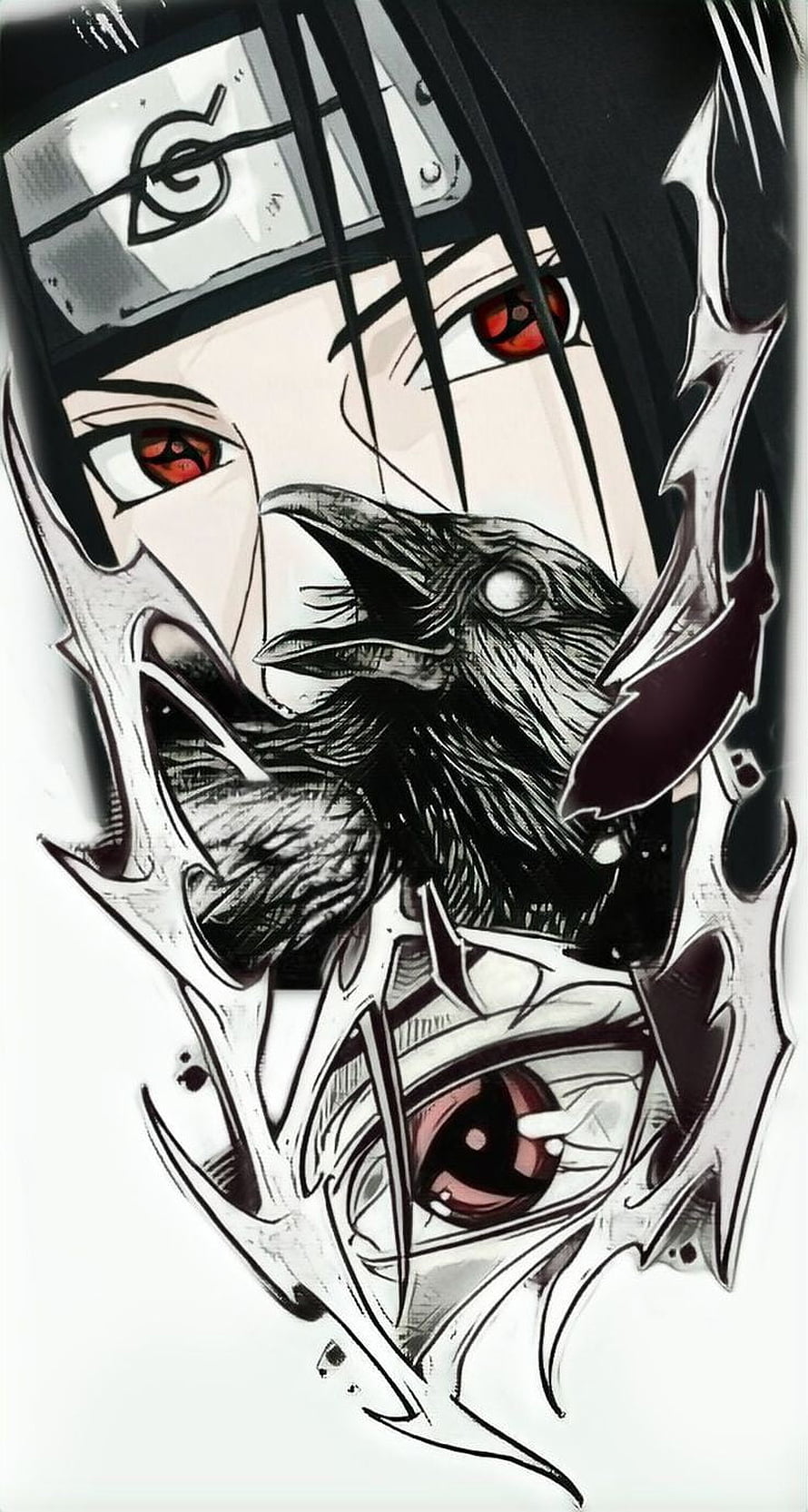 Itachi Uchiha and Crow Illustration with Sharingan Eyes and Konoha Headband HD phone wallpaper