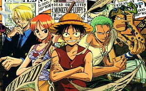 One Piece Straw Hat Pirates Group Portrait with Wanted Posters HD wallpaper