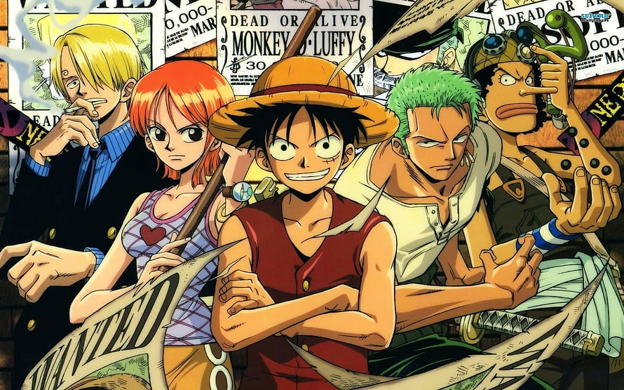 One Piece Straw Hat Pirates Group Portrait with Wanted Posters HD wallpaper