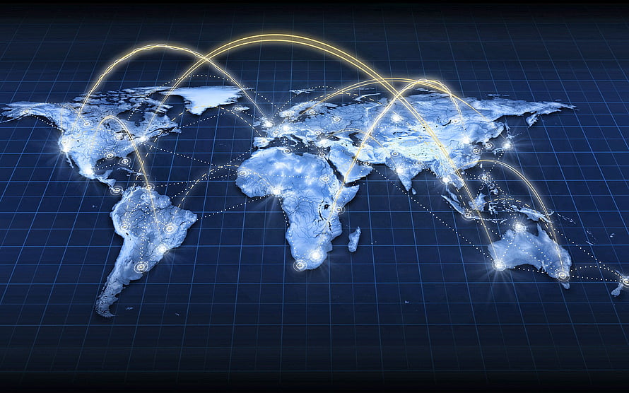 Global Digital Connectivity Map with Glowing Network Arcs and Data Nodes HD wallpaper