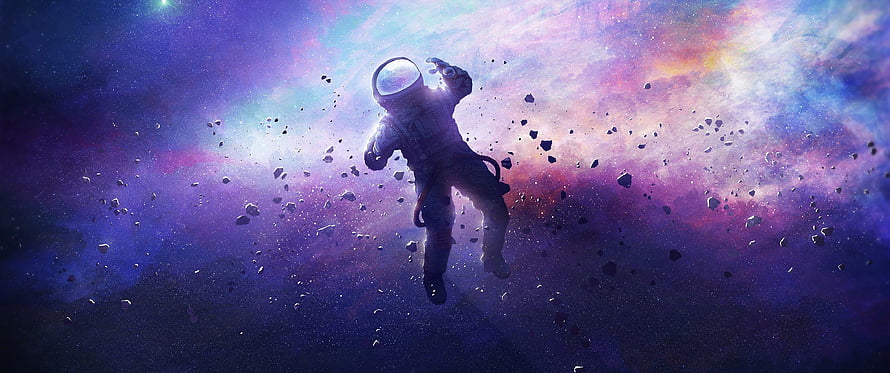 Astronaut Floating in Colorful Cosmic Nebula with Floating Asteroids and Starlight HD wallpaper