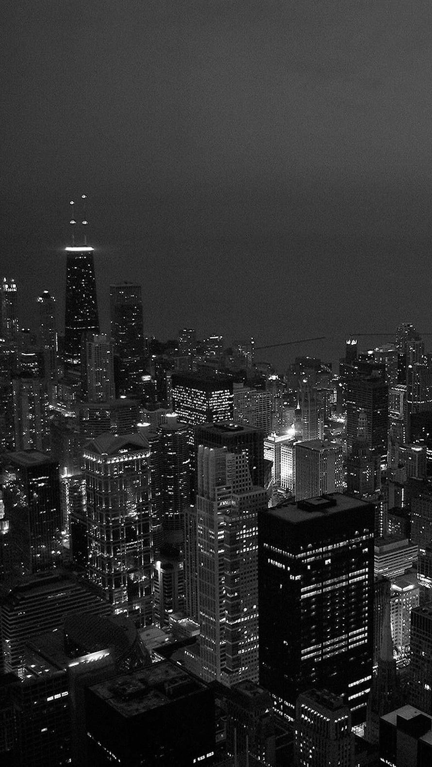 Black and white night view of Chicago skyline with Willis Tower HD phone wallpaper