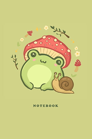Cute Kawaii Frog Wearing Mushroom Hat With Snail and Flowers on Sage Green Background HD phone wallpaper