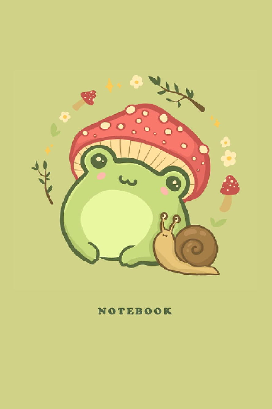 Cute Kawaii Frog Wearing Mushroom Hat With Snail and Flowers on Sage Green Background HD phone wallpaper