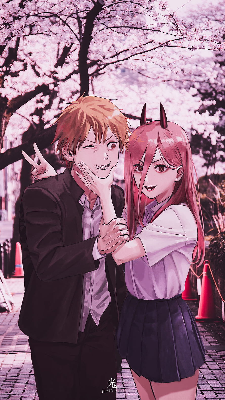 Denji and Power from Chainsaw Man posing together under blooming cherry blossom trees, DENJI & POWER 愛, chainsaw, city, japan, chainsawman, anime HD phone wallpaper