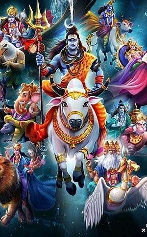 Lord Shiva Riding Nandi Bull Surrounded by Hindu Deities and Mythological Figures HD phone wallpaper