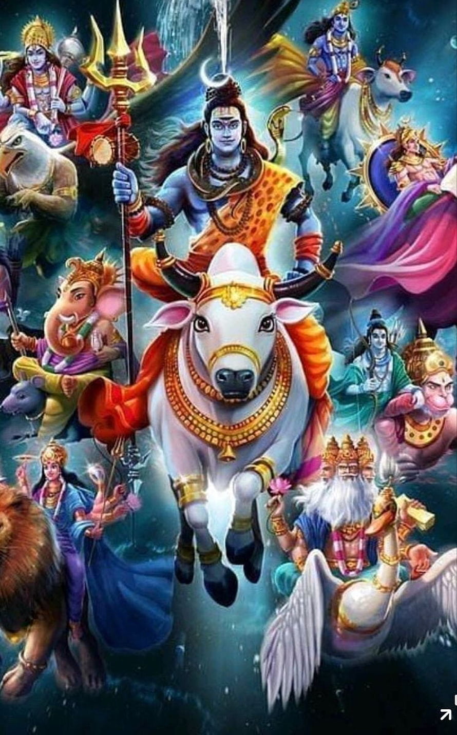 Lord Shiva Riding Nandi Bull Surrounded by Hindu Deities and Mythological Figures HD phone wallpaper
