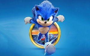Sonic the Hedgehog Running Through Golden Ring with City Sunset Background HD wallpaper