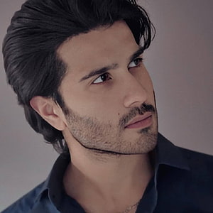 Feroze Khan Portrait: Pakistani Actor in Dark Shirt with Styled Hair and Beard HD phone wallpaper