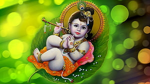 Baby Krishna Playing Flute on Lotus Leaf with Green Bokeh Background HD wallpaper