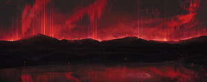 Crimson Inferno Over Dark Mountain Silhouettes with Reflective Water Surface HD wallpaper