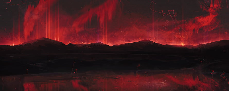 Crimson Inferno Over Dark Mountain Silhouettes with Reflective Water Surface HD wallpaper