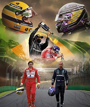 Ayrton Senna and Lewis Hamilton F1 Legacy Comparison with Brazilian Flag and Racing Helmets HD phone wallpaper