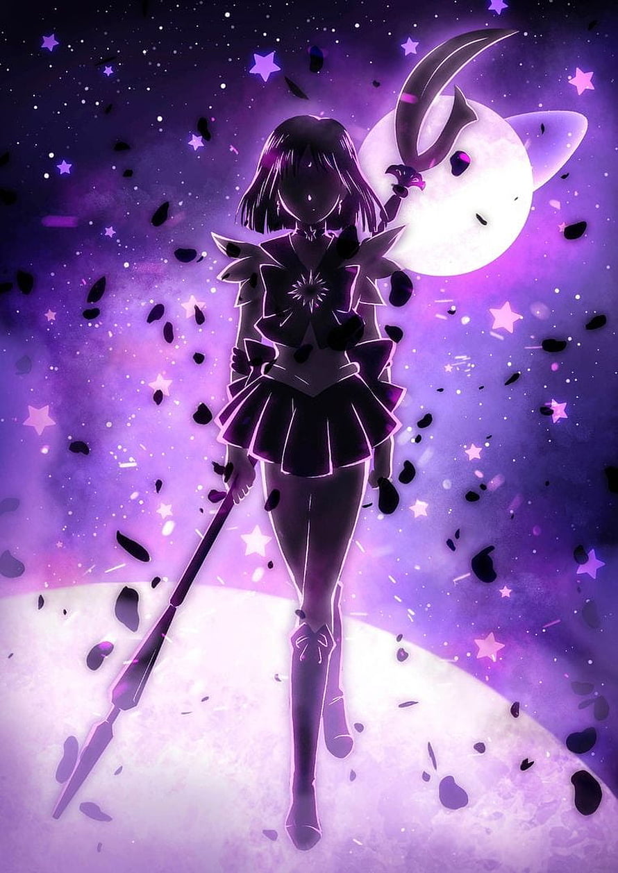 Sailor Saturn Silhouette with Crescent Moon Staff in Purple Cosmic Setting HD phone wallpaper