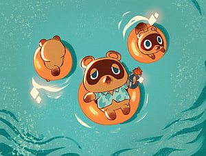 Animal Crossing Villagers Floating in Orange Swim Rings on Turquoise Water HD wallpaper