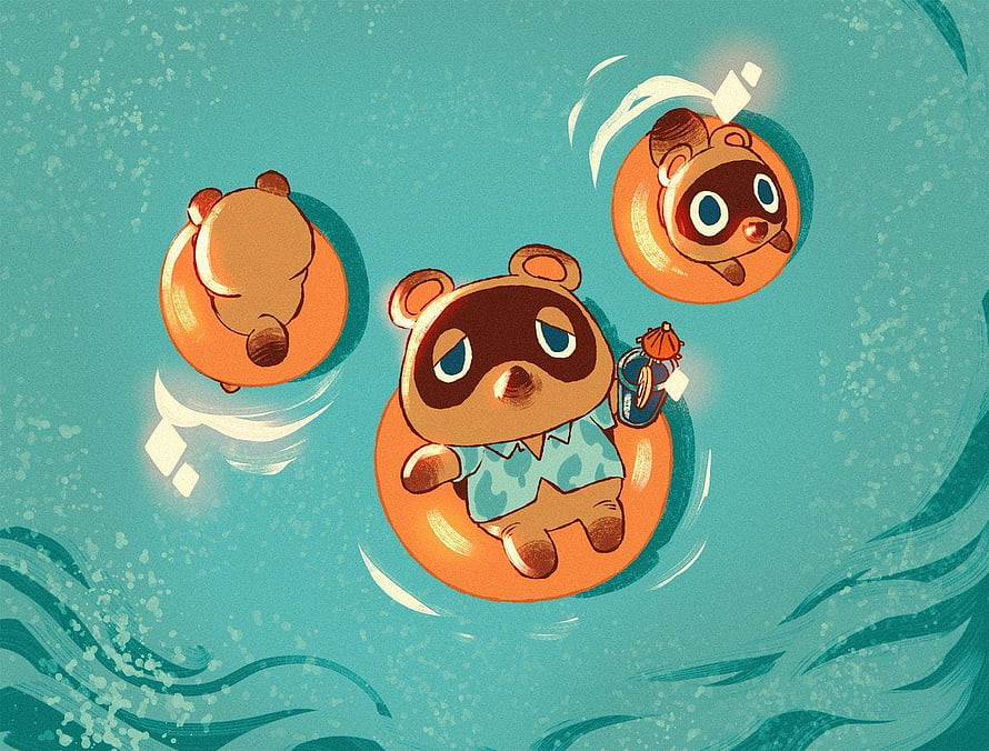 Animal Crossing Villagers Floating in Orange Swim Rings on Turquoise Water HD wallpaper