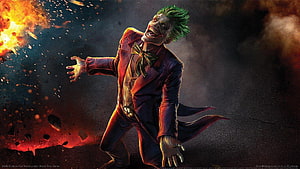 Joker laughing maniacally amidst fiery explosion and debris in dark cinematic comic art style, Sfondi Pc Gaming - Novocom.top HD wallpaper