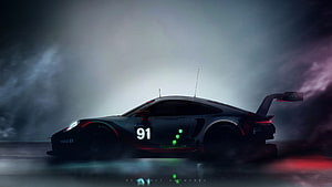 Porsche 911 GT3 R Racing Car in Dark Moody Atmosphere with Neon Lights HD wallpaper