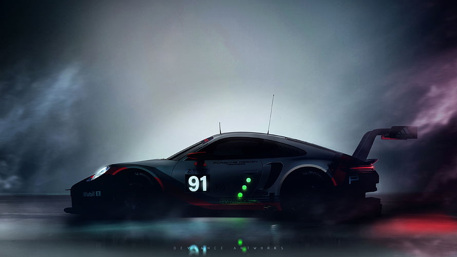 Porsche 911 GT3 R Racing Car in Dark Moody Atmosphere with Neon Lights HD wallpaper