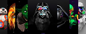 Low Poly Star Wars Characters Artwork Featuring Darth Vader, Yoda, Chewbacca, Boba Fett, and Stormtrooper HD wallpaper