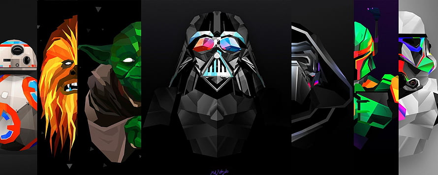 Low Poly Star Wars Characters Artwork Featuring Darth Vader, Yoda, Chewbacca, Boba Fett, and Stormtrooper HD wallpaper