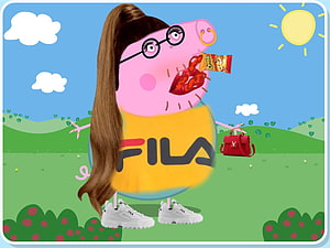 Stylized Peppa Pig Character Wearing Fila Sneakers and Louis Vuitton Bag in Cartoon Landscape HD wallpaper