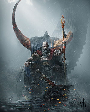 Kratos sitting on a throne with Leviathan Axe and Gungnir in a stormy setting HD phone wallpaper