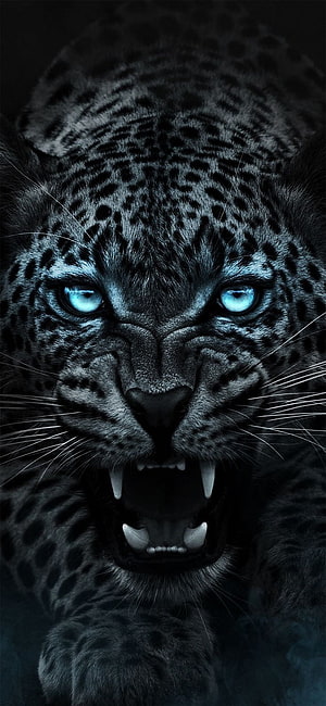 Fierce Black Panther With Glowing Blue Eyes And Bared Fangs HD phone wallpaper