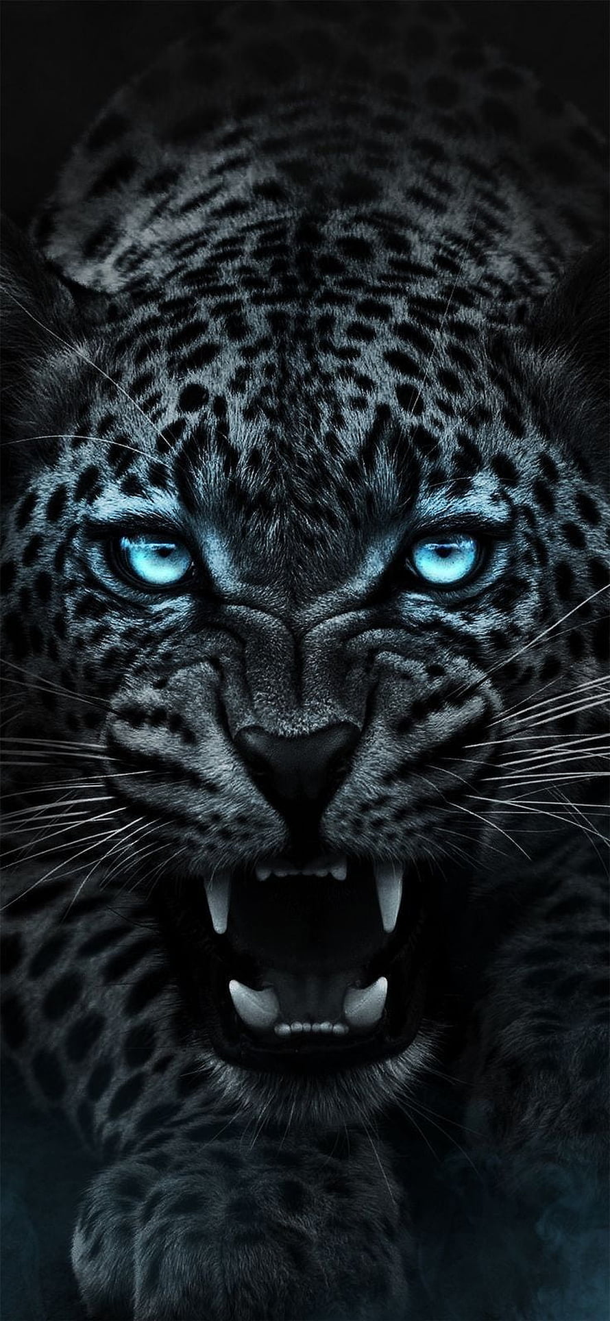 Fierce Black Panther With Glowing Blue Eyes And Bared Fangs HD phone wallpaper