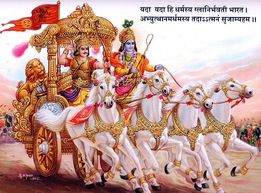 Krishna and Arjuna in the Kurukshetra War Chariot from the Mahabharata HD wallpaper