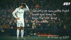 Cristiano Ronaldo in Real Madrid Kit with Motivational Quote on Football Pitch HD wallpaper