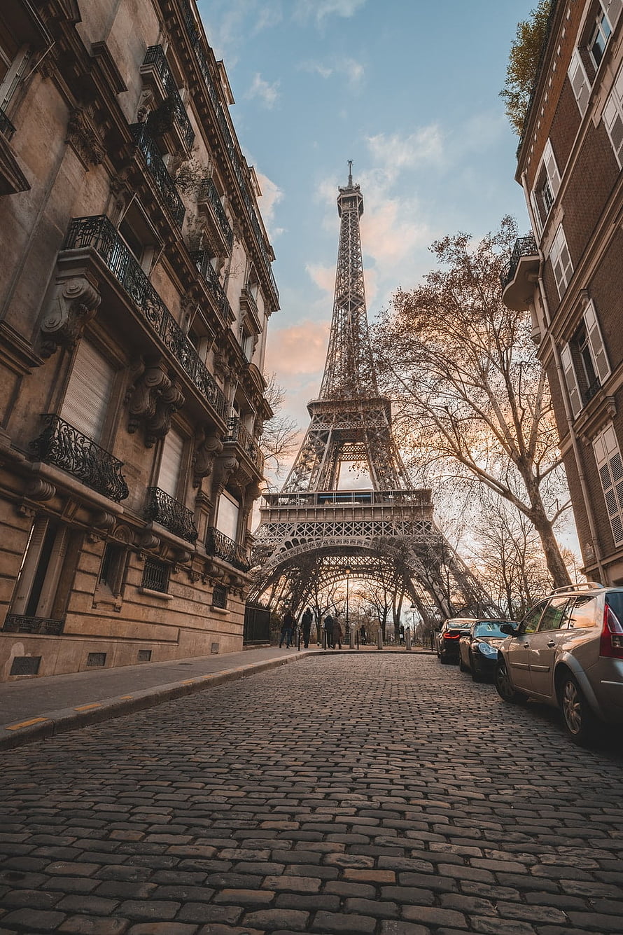 Eiffel Tower View From Cobblestone Street In Paris France HD phone wallpaper