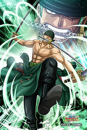 Roronoa Zoro wielding three swords with green energy slashes in dynamic anime action pose HD phone wallpaper