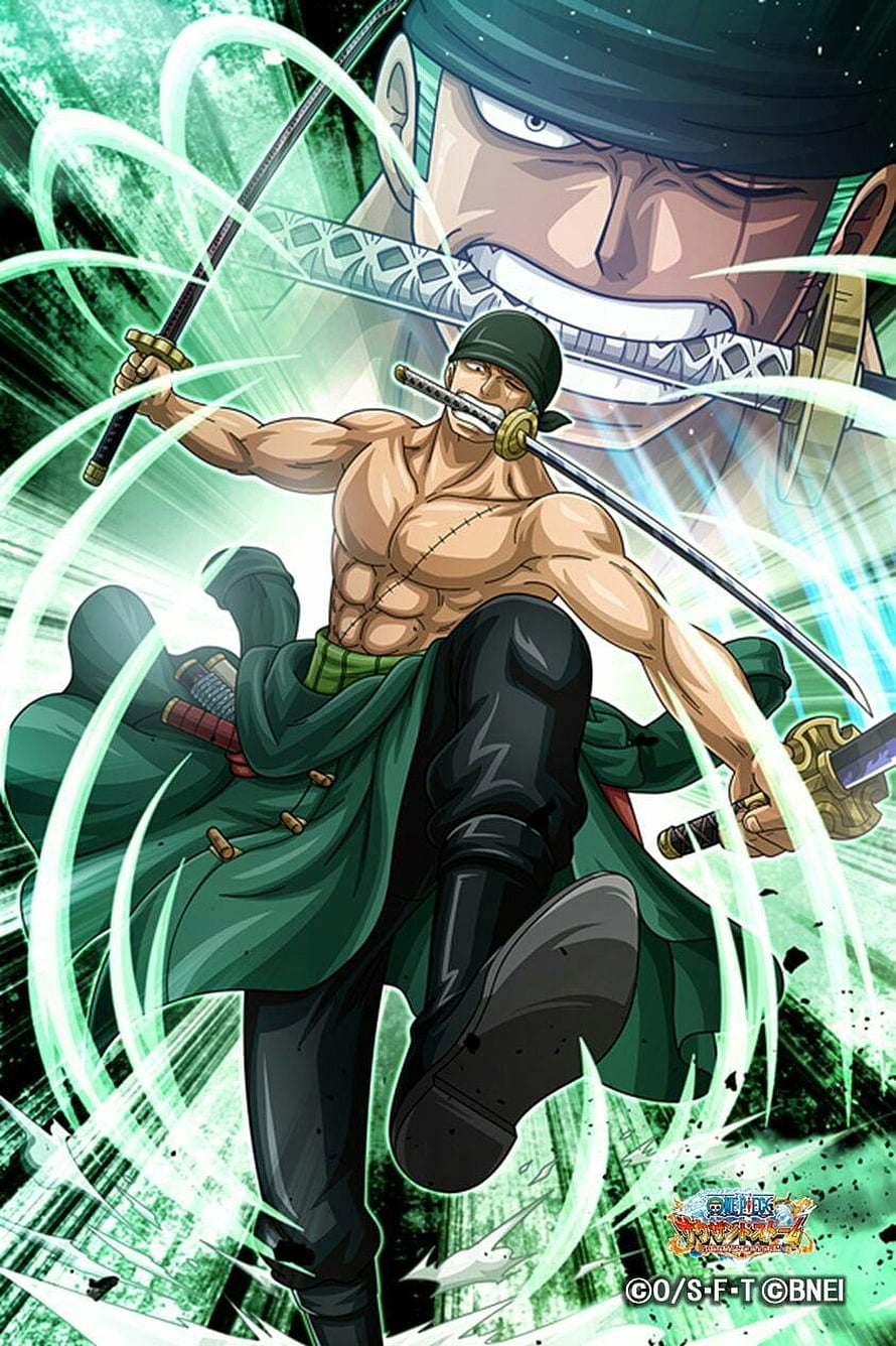 Roronoa Zoro wielding three swords with green energy slashes in dynamic anime action pose HD phone wallpaper