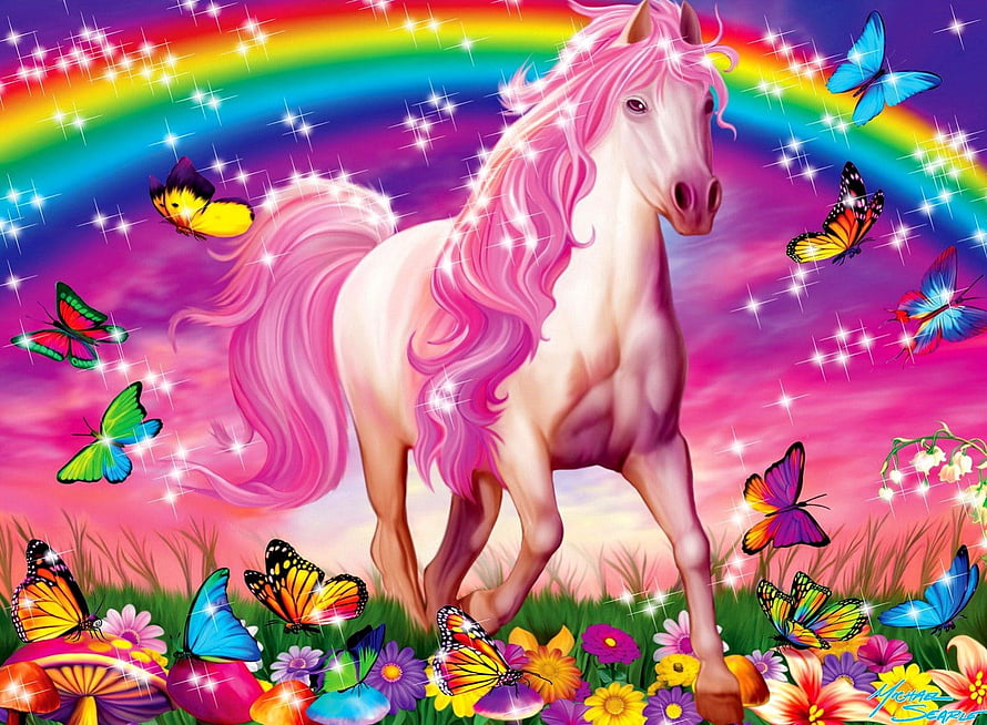 Magical Pink Maned Horse With Rainbow And Butterflies Fantasy Art, Horse dream, colorful, horse, nice, butterflies, paradise, beautiful, grass, fantasy, rainbow, pretty, field, freshness, unicorn, sky, flowers, lovely, dream HD wallpaper