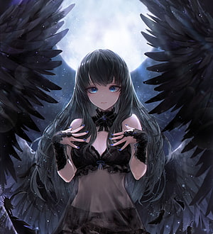 Anime Girl With Black Wings And Blue Eyes In Gothic Dress HD phone wallpaper