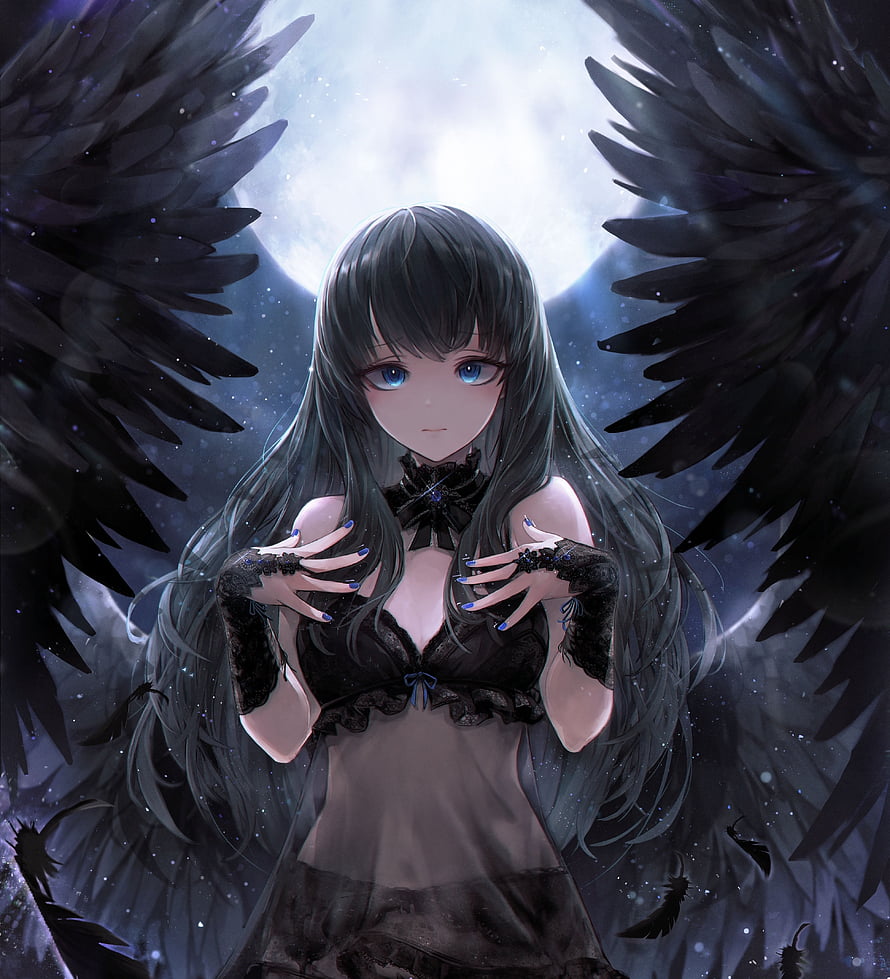 Anime Girl With Black Wings And Blue Eyes In Gothic Dress HD phone wallpaper