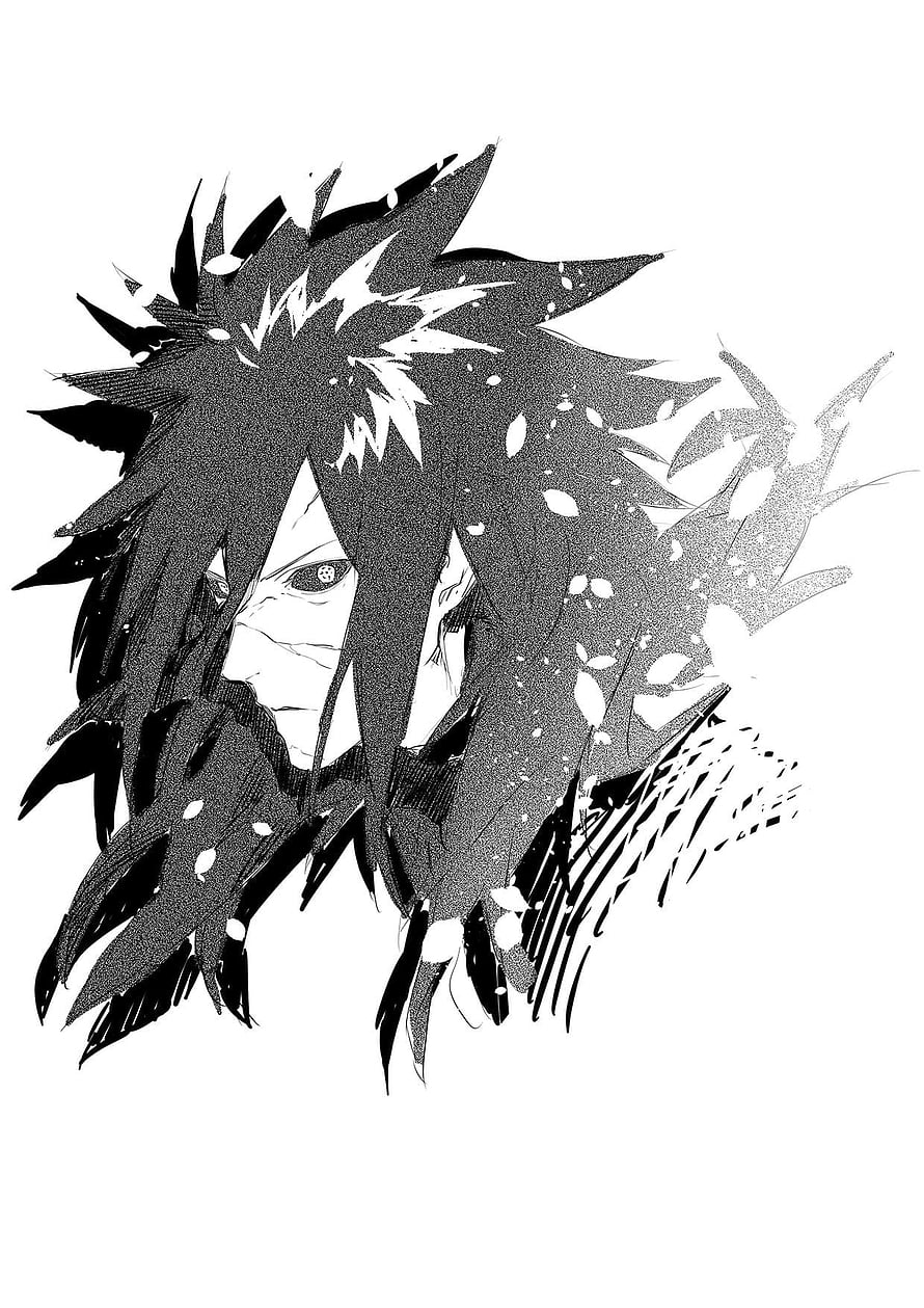 Madara Uchiha Black and White Manga Style Portrait with Spiky Hair and Rinnegan HD phone wallpaper