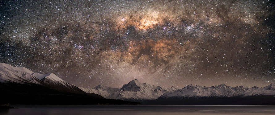 Stunning Milky Way Galaxy Over Snow-Capped Mountain Range and Lake Panorama HD wallpaper