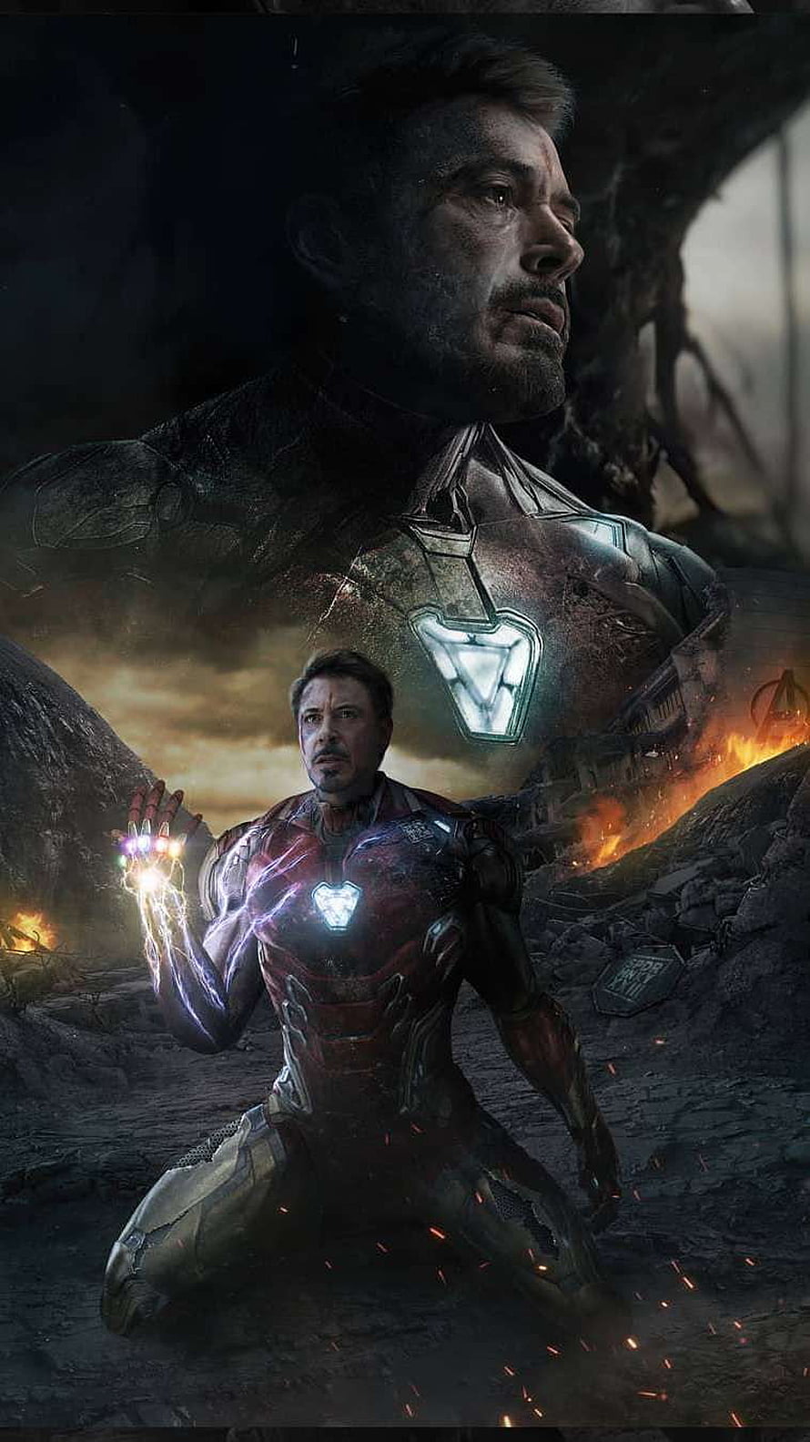 Tony Stark Iron Man Kneeling with Infinity Gauntlet in Dark Battlefield, Tony Stark Death , Tony Stark Dead HD phone wallpaper