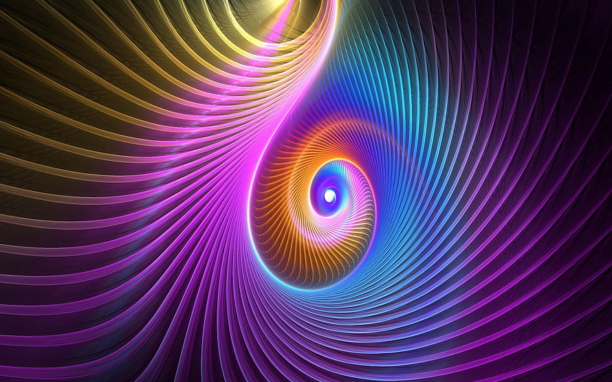 Vibrant 3D Fractal Spiral with Neon Purple, Blue, and Orange Light Waves HD wallpaper