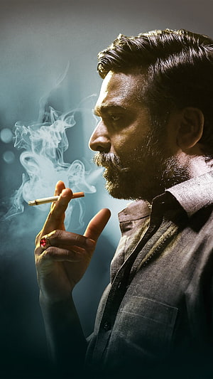 Vijay Sethupathi Profile Portrait Smoking Cigar With Dramatic Smoke and Cinematic Lighting HD phone wallpaper