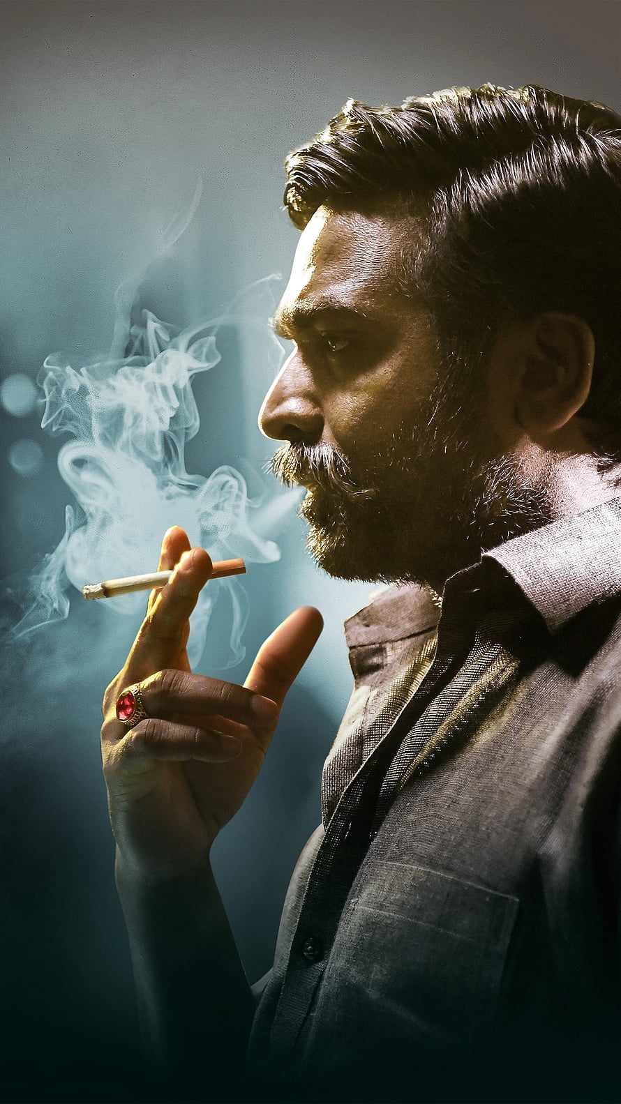 Vijay Sethupathi Profile Portrait Smoking Cigar With Dramatic Smoke and Cinematic Lighting HD phone wallpaper