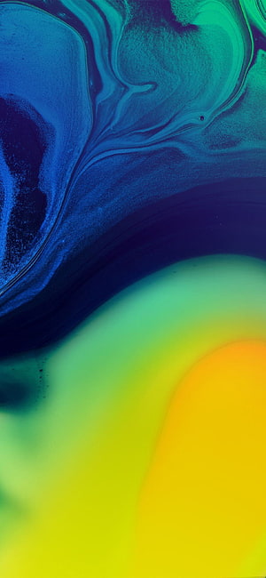 Vibrant Abstract Fluid Art with Swirling Blue, Green, and Yellow Ink Patterns HD phone wallpaper