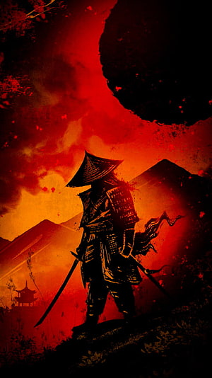 Silhouette of a Samurai Warrior with Katana Against a Fiery Red Sky HD phone wallpaper