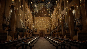 Hogwarts Great Hall Interior with Floating Candles and House Banners HD wallpaper