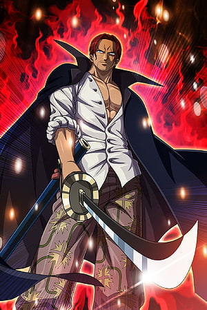 Shanks from One Piece wielding a katana with a dramatic red flame background HD phone wallpaper