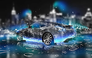 Sleek Blue Sports Car Splashing Through Water With City Skyline Background HD wallpaper