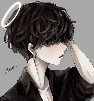 Emo Anime Boy With Halo And Cross Earring In Dark Aesthetic Illustration HD phone wallpaper